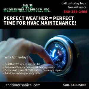 A hand adjusts a modern thermostat dial; text promotes scheduling HVAC maintenance with J&D Mechanical Services, includes phone number, website, and reasons to act before the heating season.