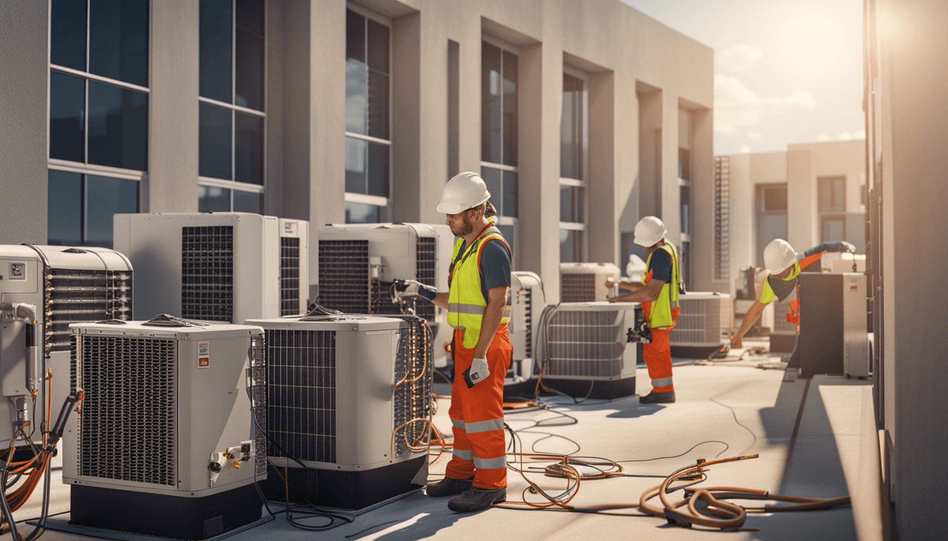 2 men wearing hardhats working on air conditioners in arlington virginia