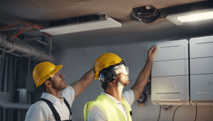 couple of hvac worker with hardhat working on air conditioner