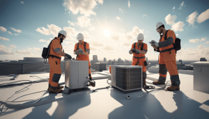techicians wearing safety gear working on a commercial air conditioning unit in warrenton virginia