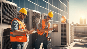 two men in hardhats and safety glasses servicing a ac unit on commercial bldg