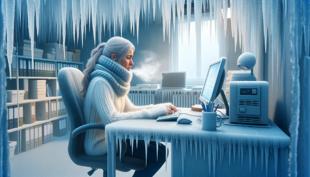 A woman sitting at a desk with icicles hanging from the ceiling.
