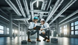 Two men in hard hats sitting on a floor in an industrial building.