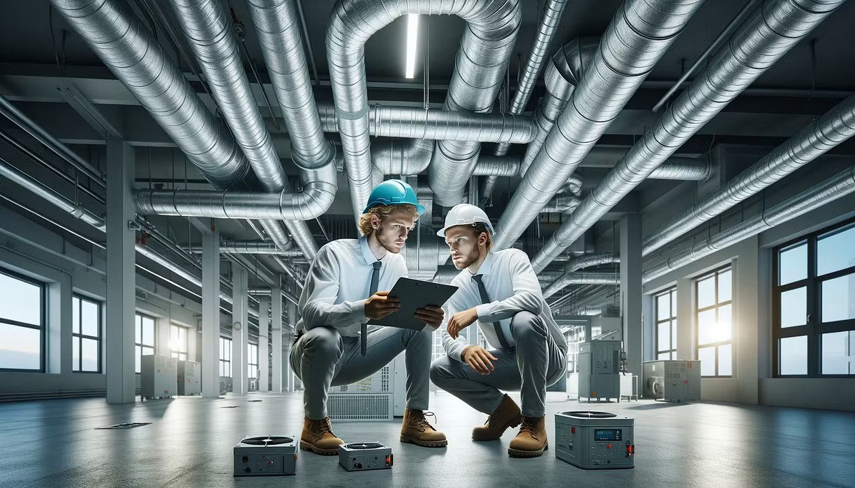 Two men in hard hats sitting on a floor in an industrial building.
