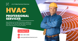 The photo shows an HVAC professional wearing a blue uniform, standing in front of an air conditioning unit. The technician is holding a toolbox and tools in their hand, indicating that they are ready to provide HVAC services. They are looking directly at the camera with a confident and knowledgeable expression, suggesting their expertise in the field.