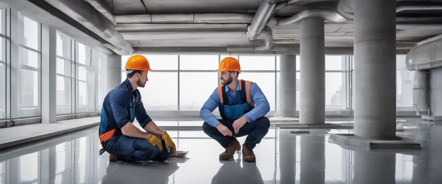 A group of men wearing hard hats and squatting on the floor.