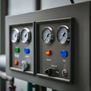 Industrial control panel with gauges and indicator lights.