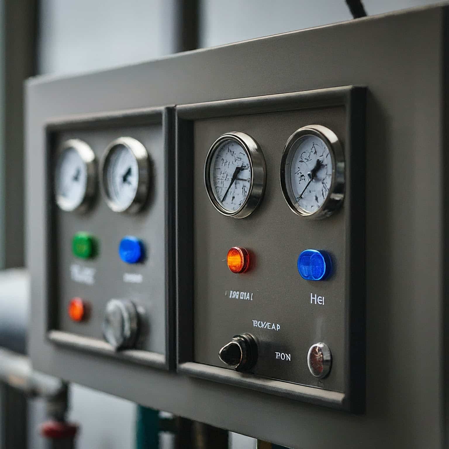 Industrial control panel with gauges and indicator lights.