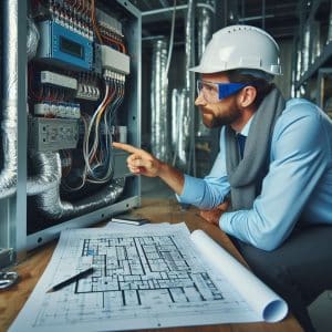 Engineer in hard hat inspecting electrical system in industrial setting, with schematics on table.