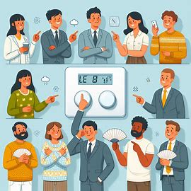Illustration of people standing around a thermostat, expressing different reactions to its settings. Some appear cold with sweaters and fans, while others look warm or neutral.