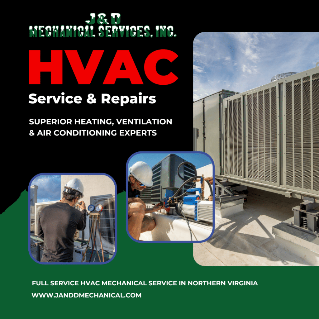 Advertisement for J&D Mechanical Services, Inc. showcasing HVAC service and repairs, with images of technicians working on equipment. It highlights superior heating, ventilation, and air conditioning expertise.
