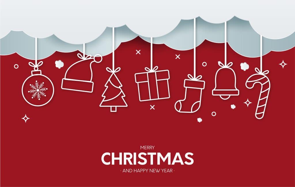 Red Christmas-themed background with white festive icons, including a snowflake, Santa hat, tree, gift, stocking, bell, and candy cane. White cloud shapes above, with "Merry Christmas and Happy New Year" text.