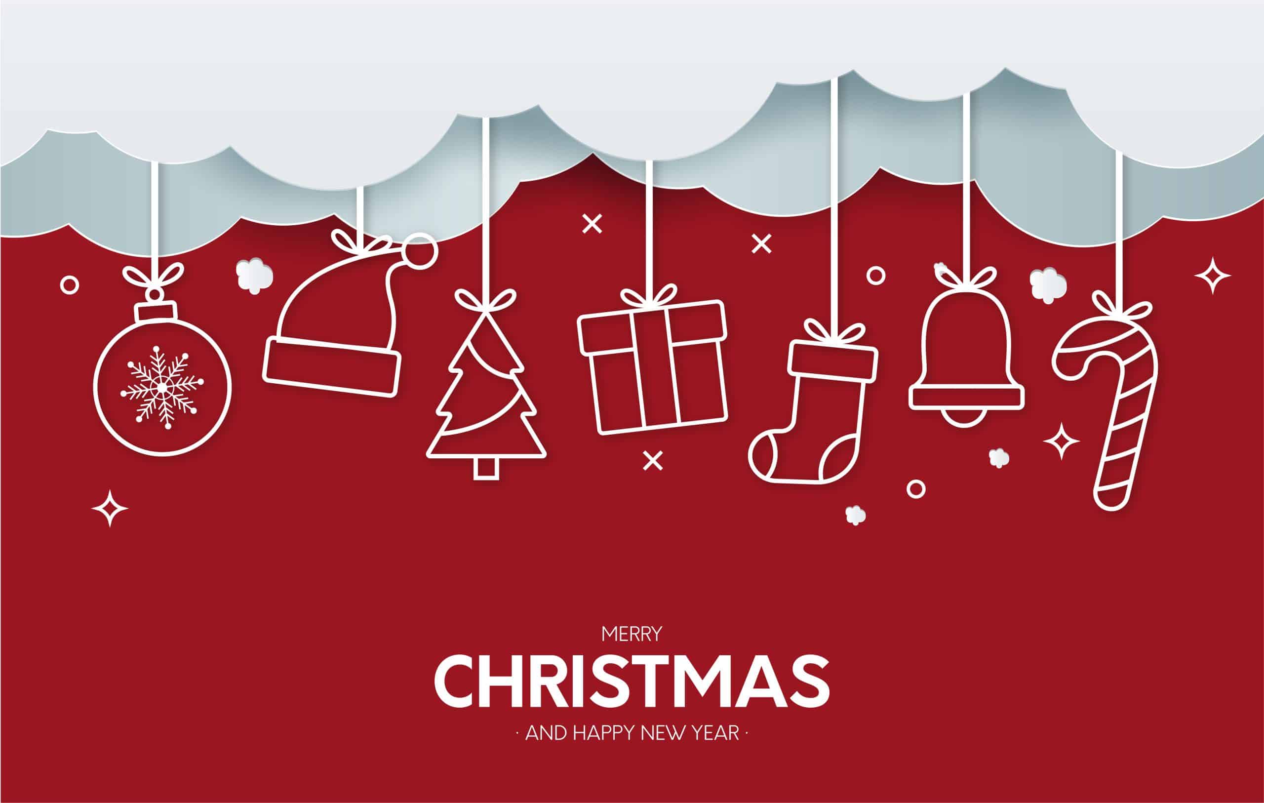 Red Christmas-themed background with white festive icons, including a snowflake, Santa hat, tree, gift, stocking, bell, and candy cane. White cloud shapes above, with "Merry Christmas and Happy New Year" text.