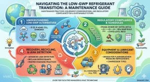 Infographic outlining steps for transitioning to low-GWP refrigerants, covering understanding alternatives, regulations, equipment, and recycling, with icons for innovation and sustainability.